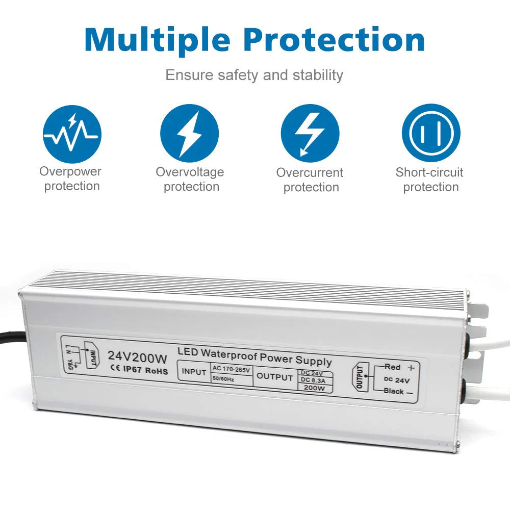 200W 12V/24V/36V/48V Waterproof LED Power Supply, 175-265V Input, Single/Dual Output, Aluminum Housing, Outdoor LED Lighting Driver, CE/RoHS/FCC Certified, UK/EU Plug