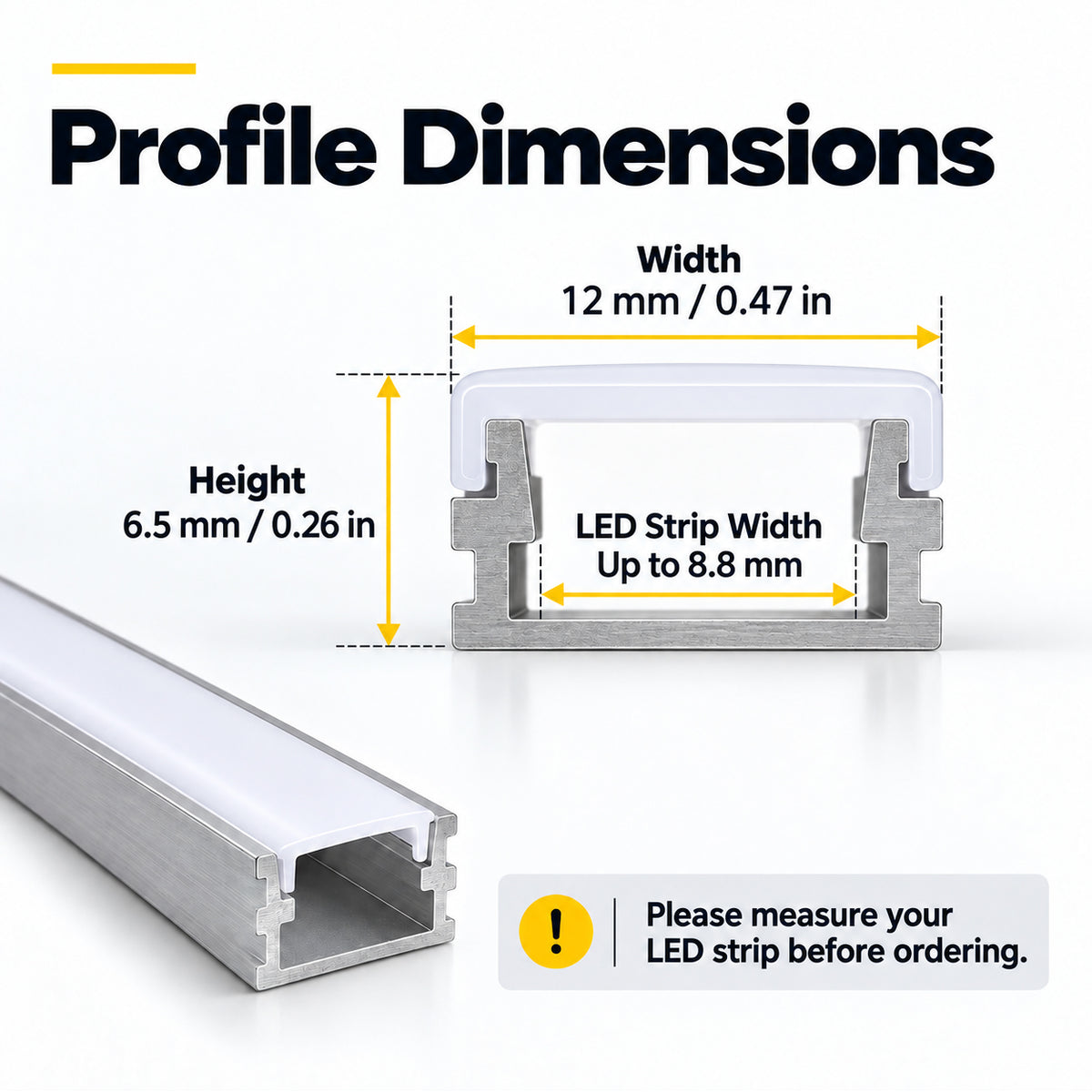 Silver 627-B 12 × 6.5mm LED Aluminum Channel, 8.8mm Inner Width, with Milky White Cover & Installation Accessories