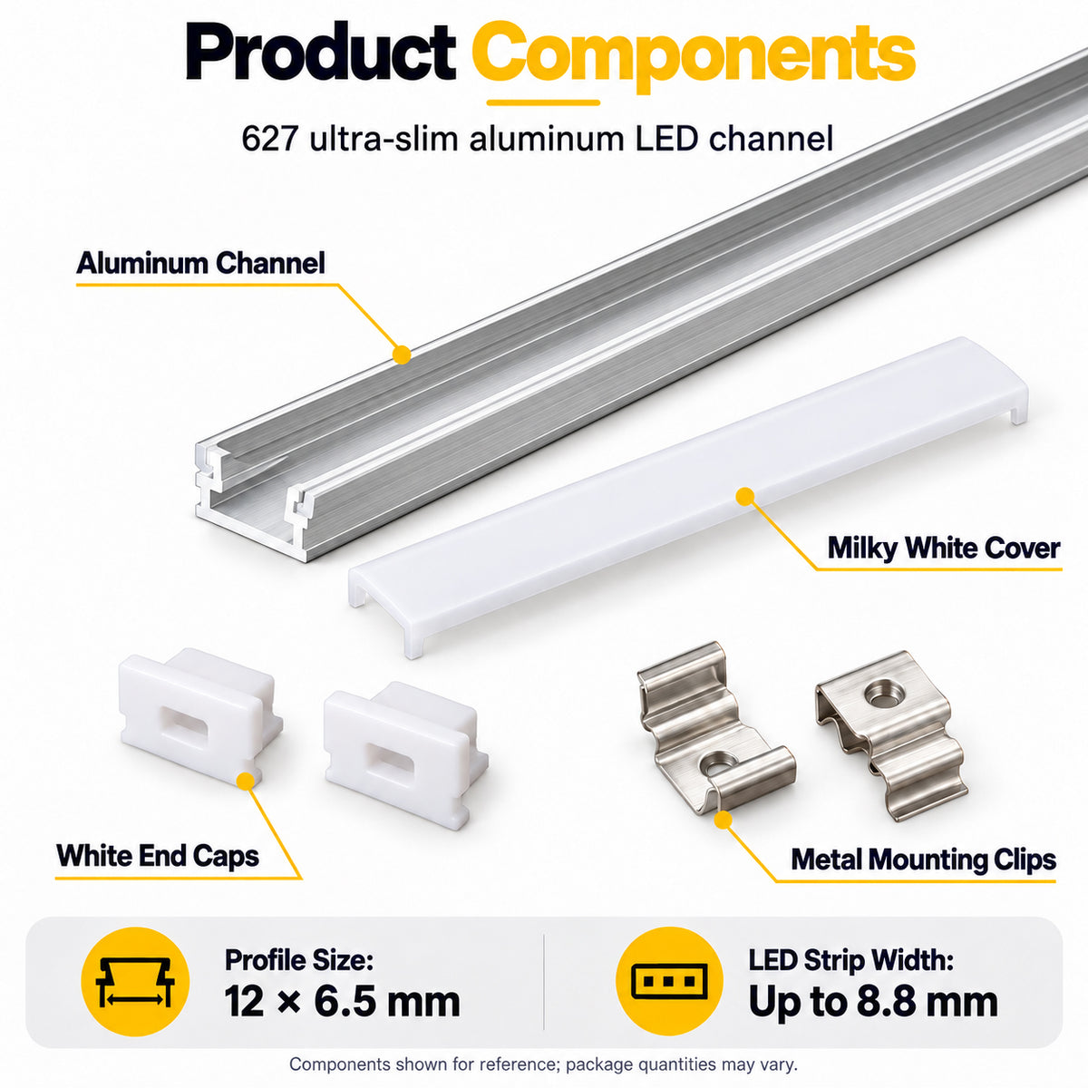 Silver 627-B 12 × 6.5mm LED Aluminum Channel, 8.8mm Inner Width, with Milky White Cover & Installation Accessories