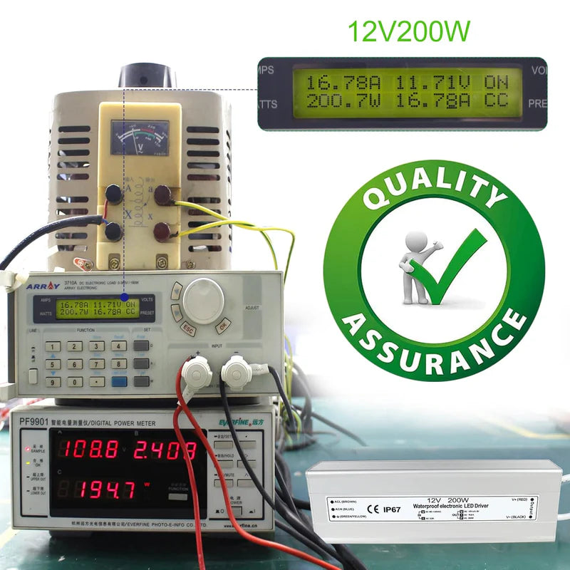 12V Waterproof LED Transformer, 200W–500W Outdoor LED Driver, 90–140V AC Input, Single or Dual Wire Output, CE/RoHS/FCC Certified, US Plug & Wire Lead Options