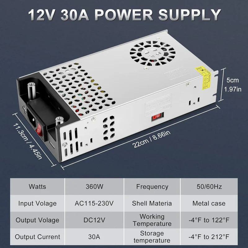 Upgrade DC 12V 360W–720W (30A–60A) Switching Power Supply, AC 110/240V Input Converter &amp; Transformer, Cooling Fan Design, LED Driver Adapter for Strip Lights, 3D Printer, Radio — US/UK/EU Plug Options, CE/FCC/RoHS Certified