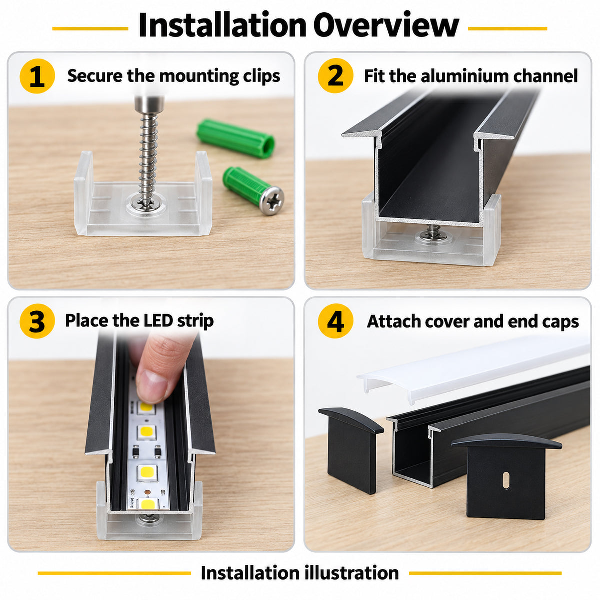 Black U05 36x24mm U-Shape LED Aluminum Channel, 20mm Inner Width, with Cover, End Caps & Mounting Clips for Spot-Free LED Strip Lighting