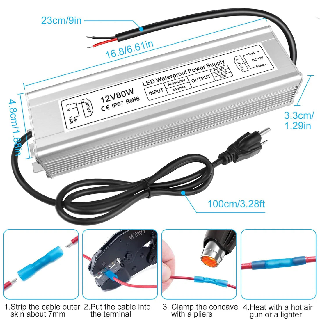 80W 12V/24V/36V/48V Waterproof LED Power Supply, 90-265V Input, Single Output, Aluminum Housing, Outdoor LED Lighting Driver, CE/RoHS/FCC Certified, US/UK/EU Plug