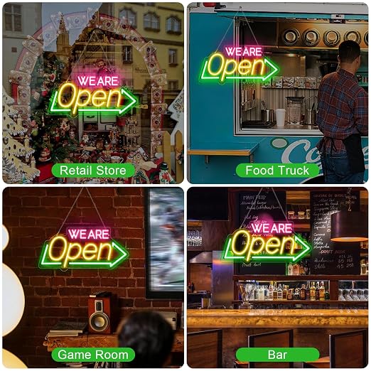 WE ARE OPEN Silicone LED shop signs – USB Powered | 16.1 × 7.8 inch | Arrow Shape | 2 Glow Color Options | LED Window Sign for Cafes, Restaurants &amp; Retail Shops