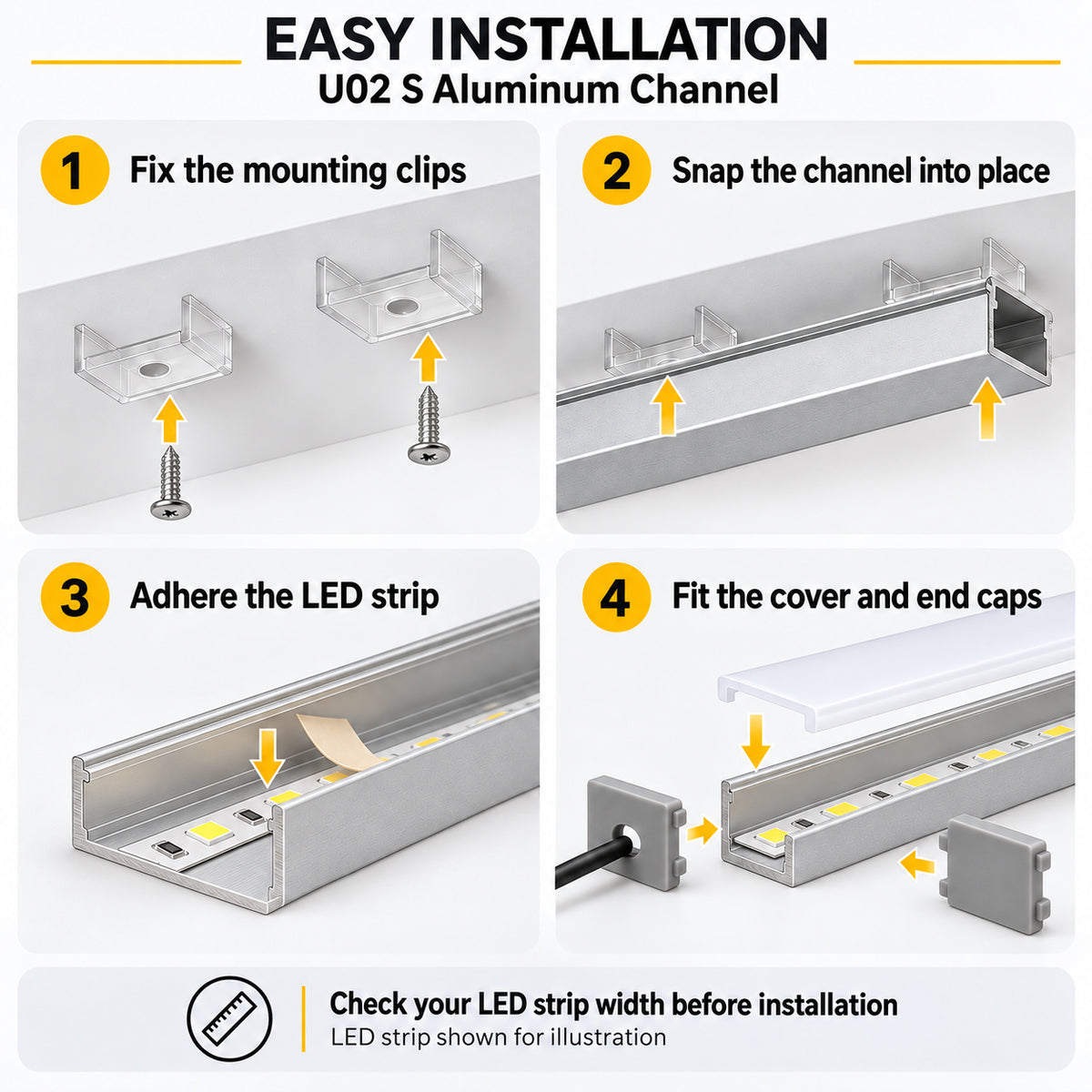 Silver U02 9x17mm U-Shape LED Aluminum Channel, 12mm Inner Width, with Cover, End Caps & Mounting Clips