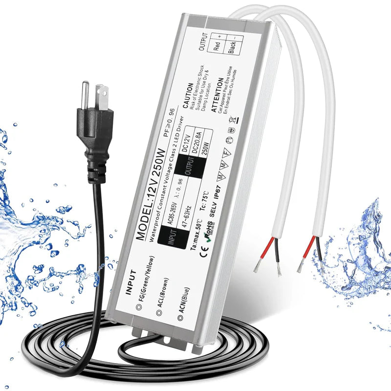 12V Waterproof LED Power Supply, 30W–300W Outdoor LED Driver, 90–265V AC Input, Single or Dual Wire Output, CE/RoHS/FCC Certified, US / UK / EU Plug & Wire Lead Options