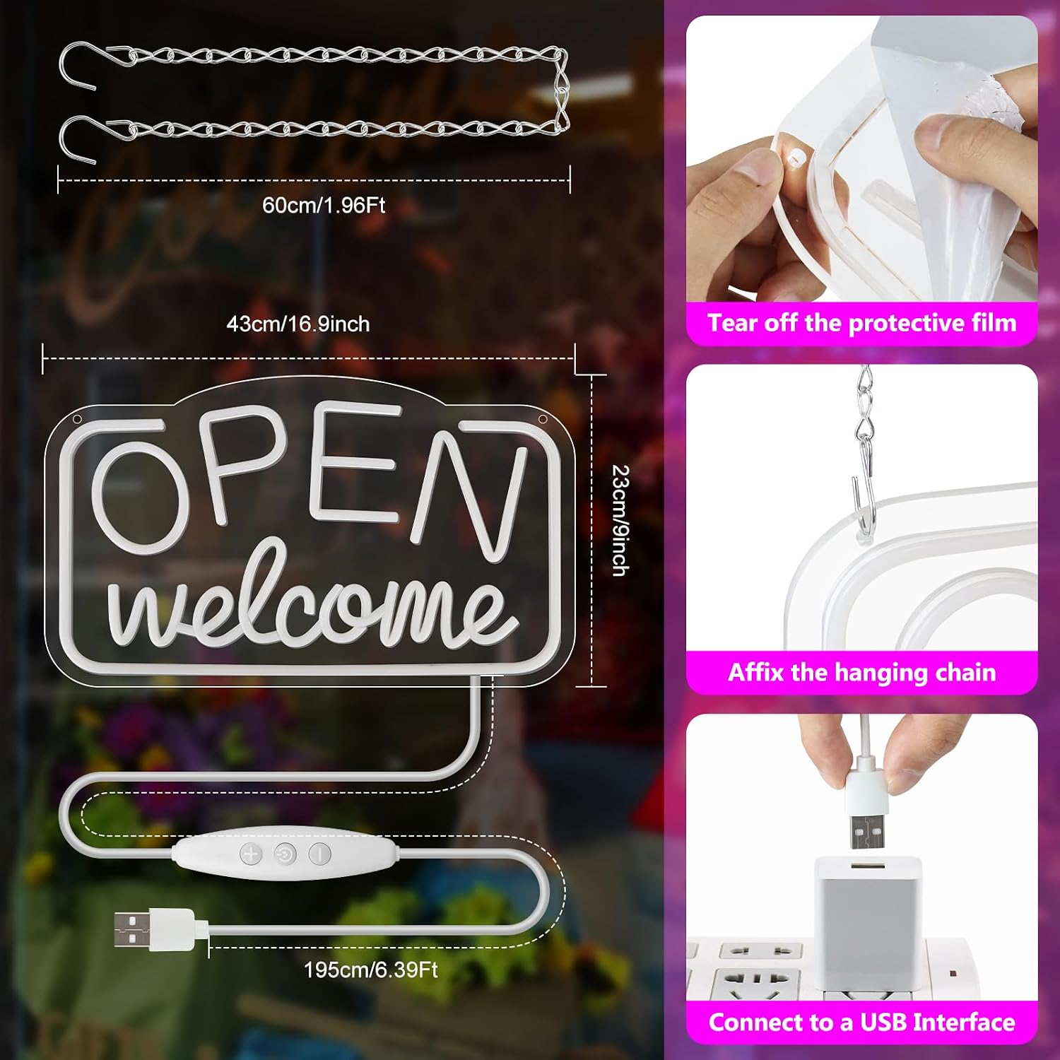 OPEN Welcome Silicone LED shop signs – Horizontal Style | 16 × 9 inch (41 × 24 cm) | Pink + Blue + Yellow Glow | USB Powered LED Window Light for Cafes, Restaurants &amp; Retail Shops