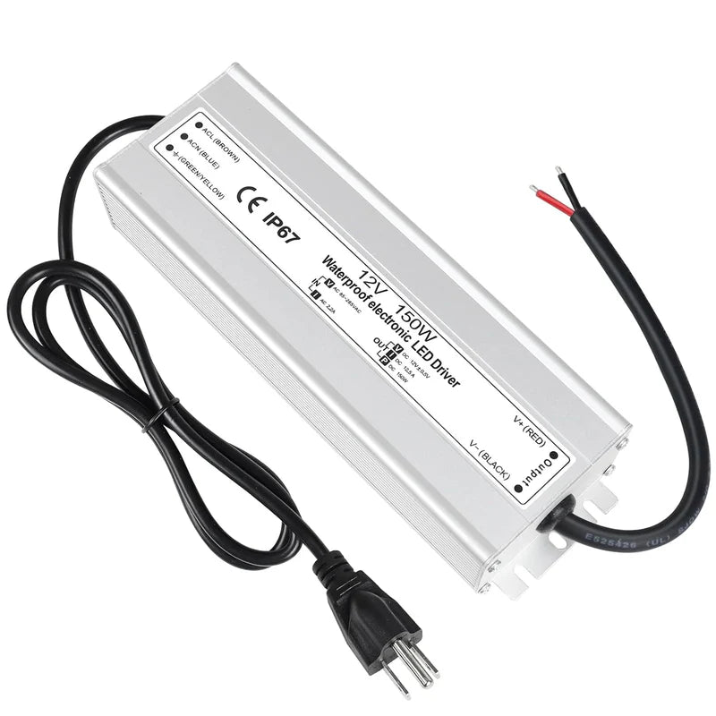 12V Waterproof LED Power Supply, 30W–300W Outdoor LED Driver, 90–265V AC Input, Single or Dual Wire Output, CE/RoHS/FCC Certified, US / UK / EU Plug & Wire Lead Options
