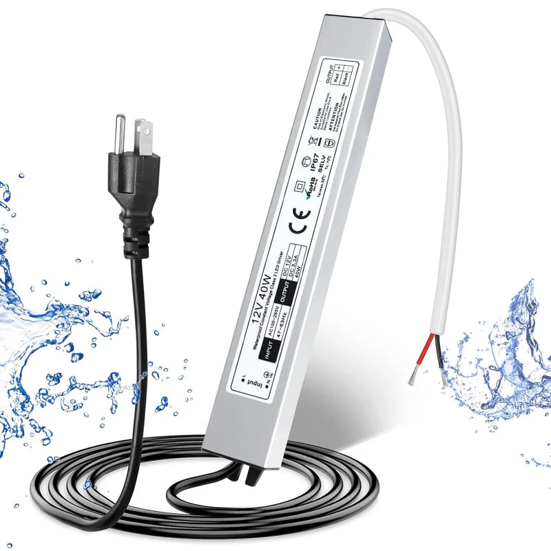 12V Waterproof LED Power Supply, 30W–300W Outdoor LED Driver, 90–265V AC Input, Single or Dual Wire Output, CE/RoHS/FCC Certified, US / UK / EU Plug & Wire Lead Options