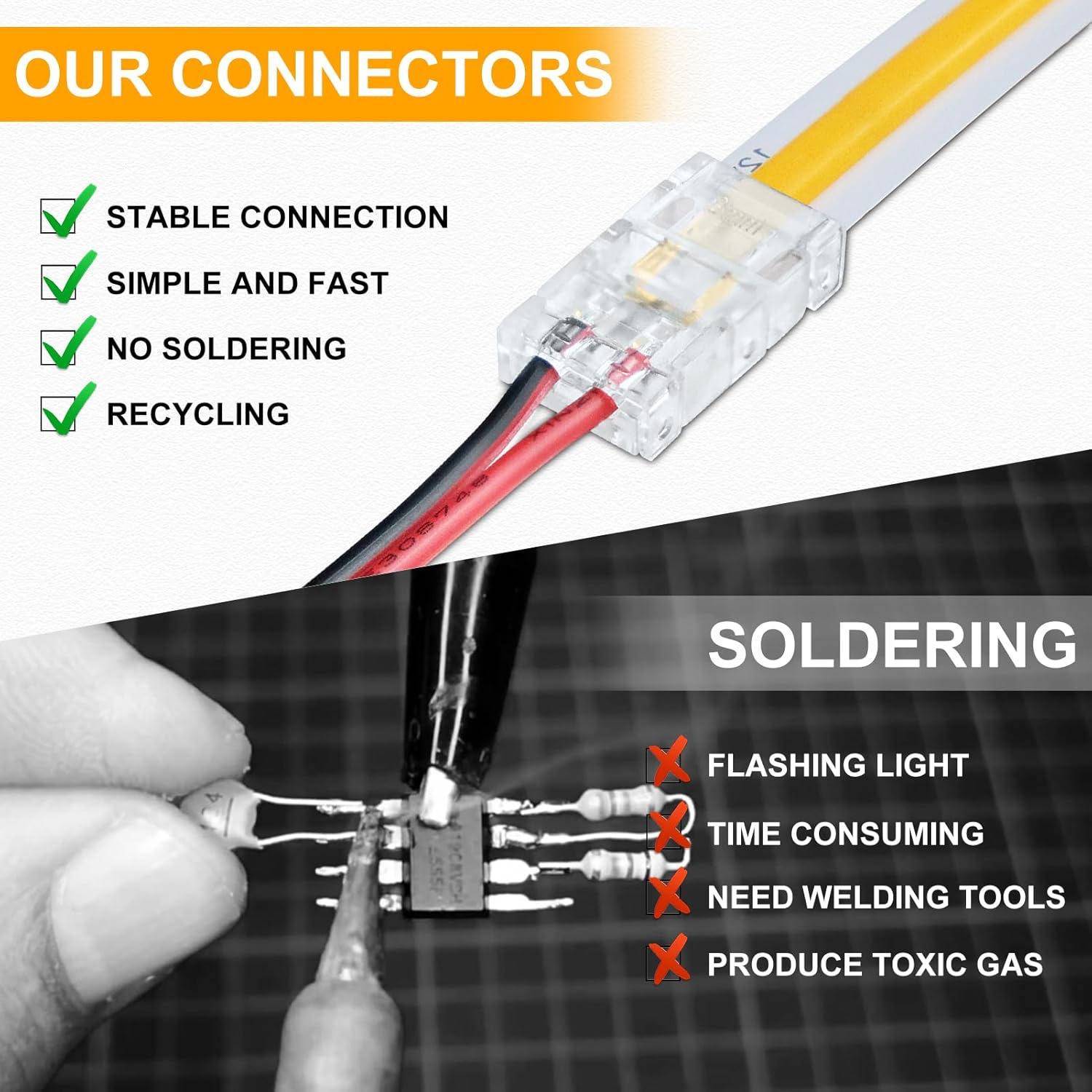 LightingWill LED Strip Connectors 2Pin 8mm, 10 PCS LED Connectors Solderless Pigtail for Single Color LED Light Strips, Compatible with COB/SMD 2835 3528