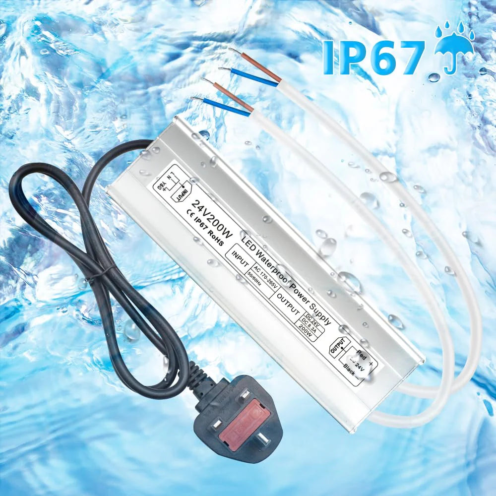 200W 12V/24V/36V/48V Waterproof LED Power Supply, 175-265V Input, Single/Dual Output, Aluminum Housing, Outdoor LED Lighting Driver, CE/RoHS/FCC Certified, UK/EU Plug