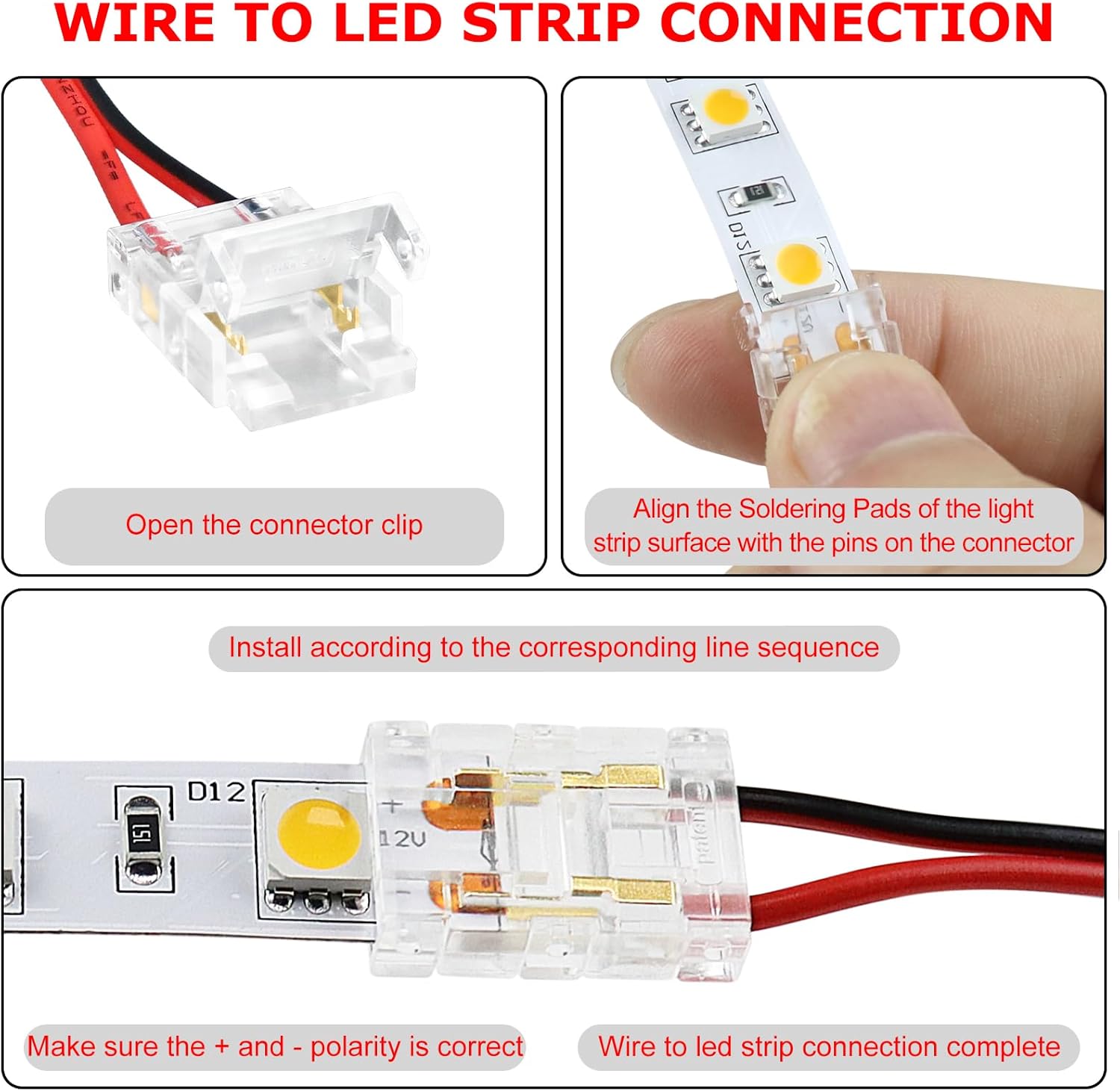 LightingWill LED Strip Connectors 2Pin 8mm, 10 PCS LED Connectors Solderless Pigtail for Single Color LED Light Strips, Compatible with COB/SMD 2835 3528