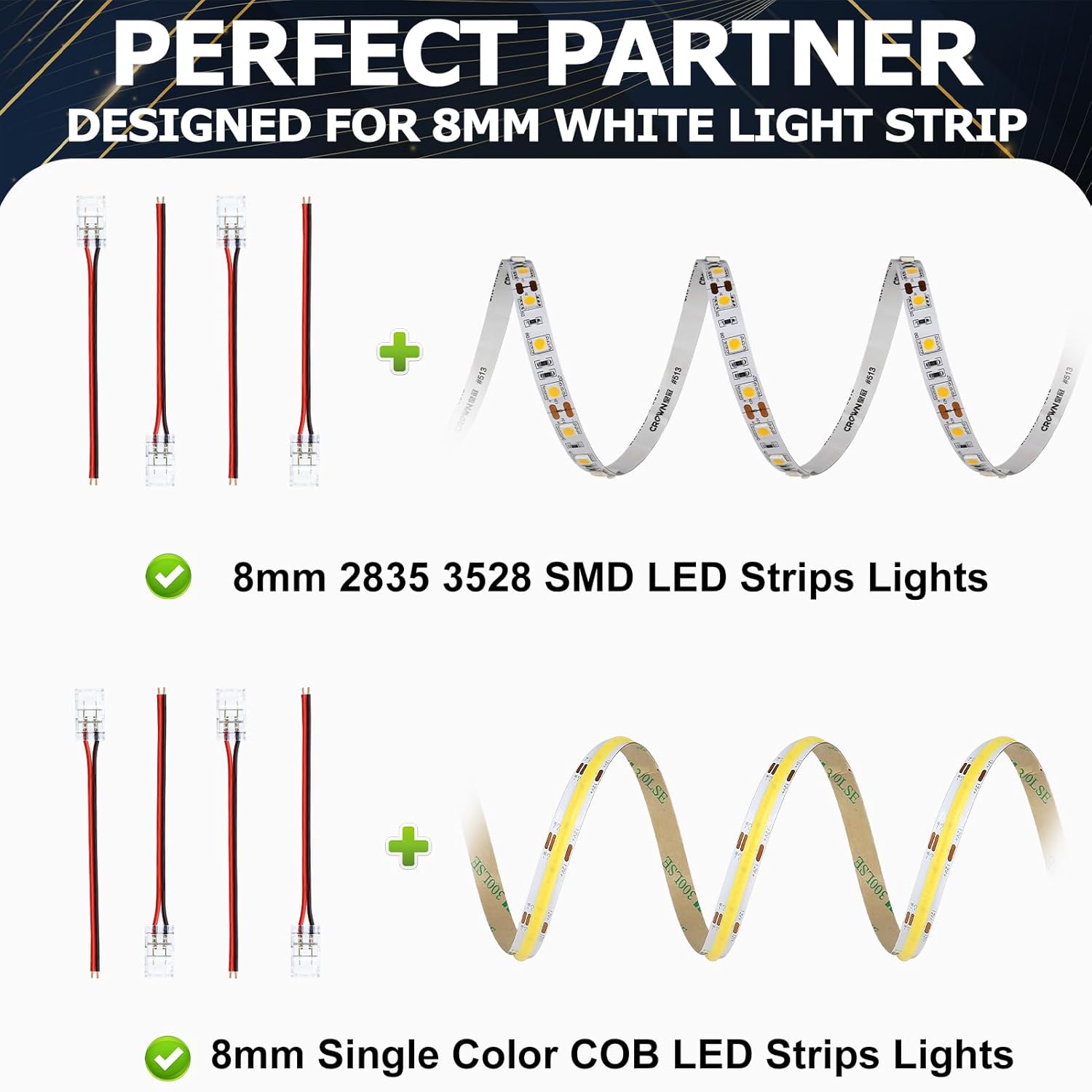 LightingWill LED Strip Connectors 2Pin 8mm, 10 PCS LED Connectors Solderless Pigtail for Single Color LED Light Strips, Compatible with COB/SMD 2835 3528
