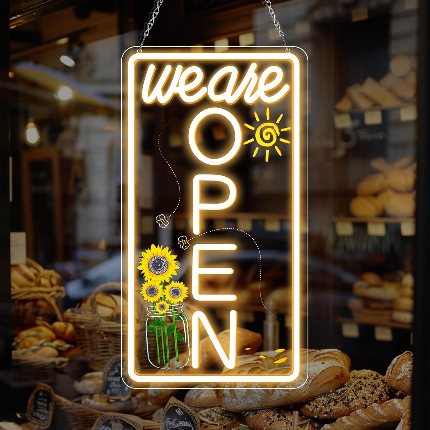 We Are Open Vertical Silicone LED shop signs – Warm White / Neutral White  | 16.5 × 9 inch |Window Hanging | Plug & Play for Cafes, Restaurants & Retail Shops