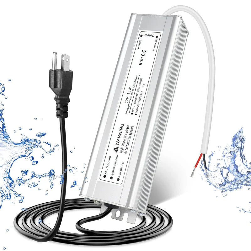 12V Waterproof LED Power Supply, 30W–300W Outdoor LED Driver, 90–265V AC Input, Single or Dual Wire Output, CE/RoHS/FCC Certified, US / UK / EU Plug & Wire Lead Options