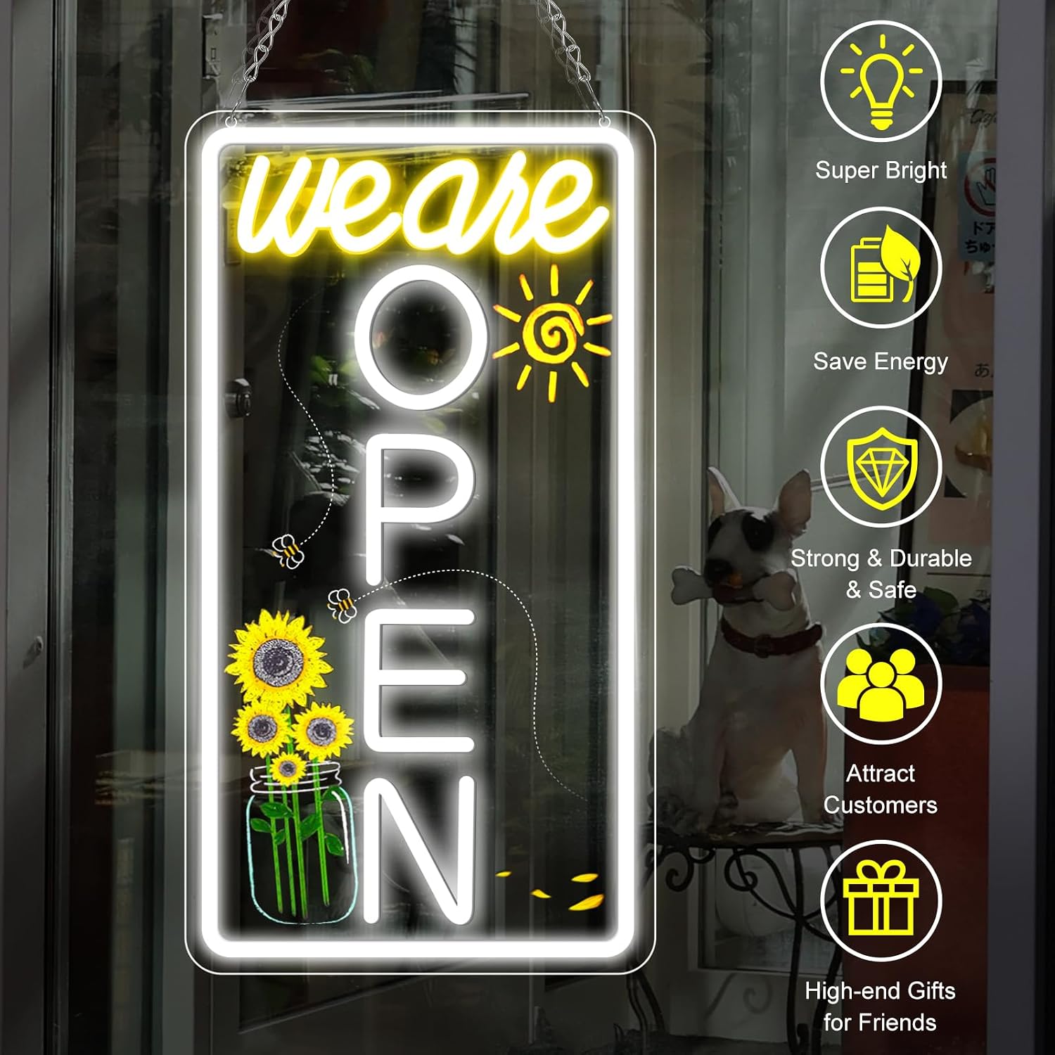 We Are Open Vertical Silicone LED shop signs – Warm White / Neutral White  | 16.5 × 9 inch |Window Hanging | Plug & Play for Cafes, Restaurants & Retail Shops