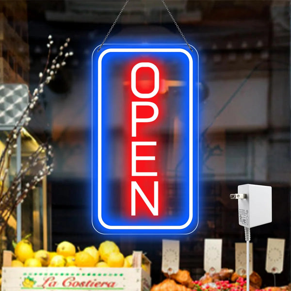 OPEN LED shop signs – Vertical Rectangular | 2 Glow Color Options | 16×9 / 23×12 inch | Window Hanging |  Plug & Play for Retail Stores, Shops & Boutiques