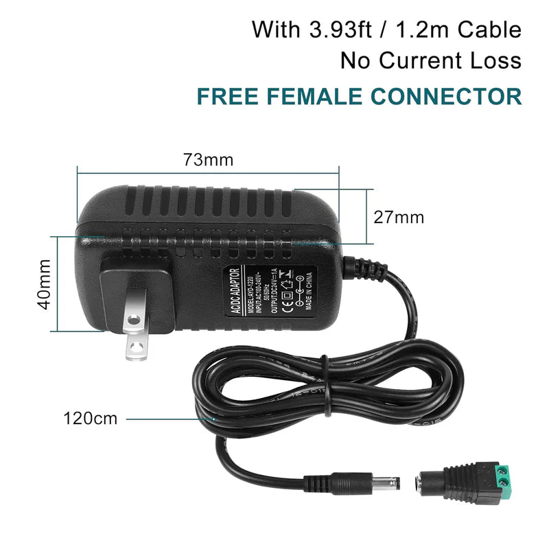 Power Adapter DC 24V 24W, AC 100–240V to 24V Wall Plug Power Supply with US Plug, Black Case for LED Lighting and Electronics