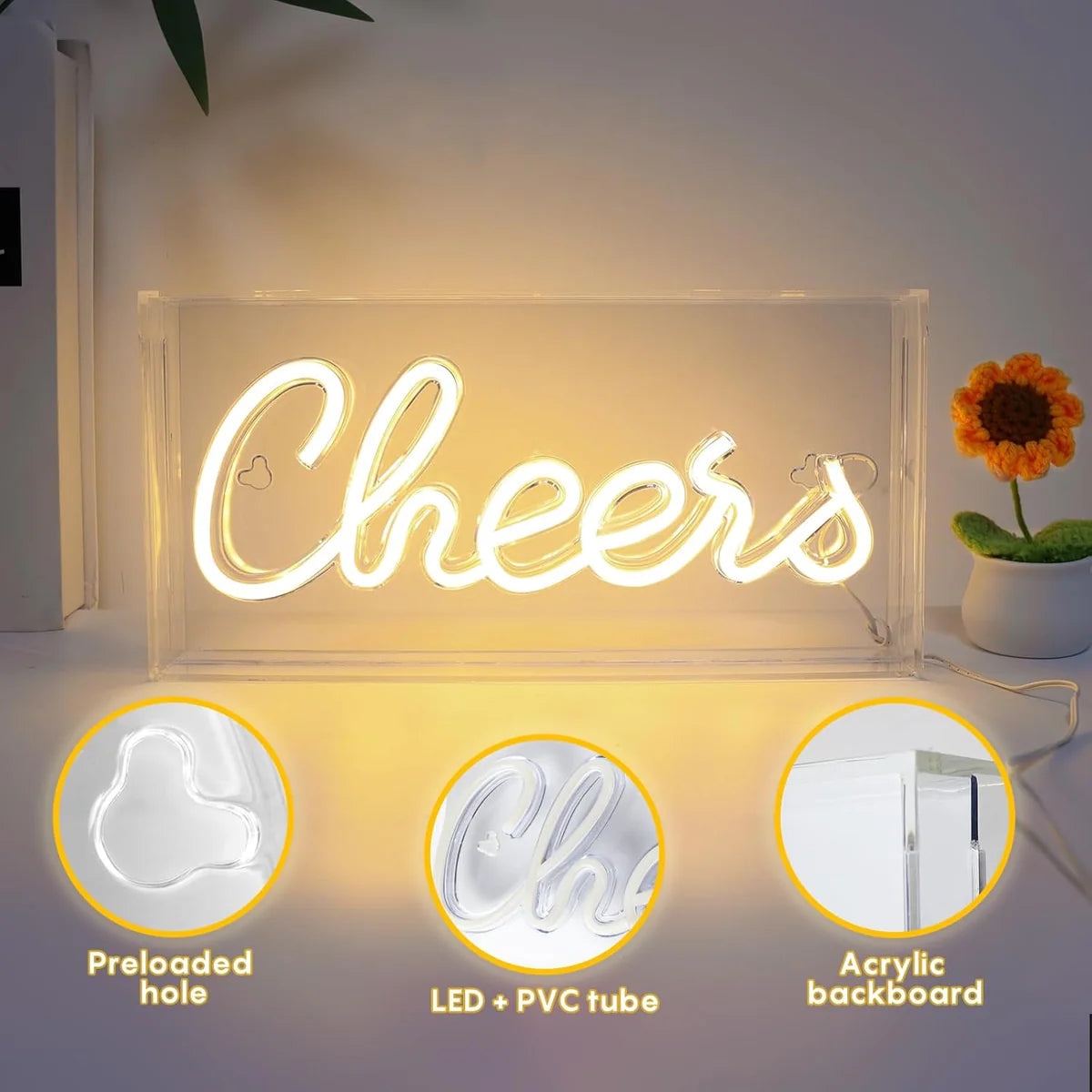 CHERRS Desk Lightbox Sign – Warm White/ Pink | Rectangular 12x6 inch | USB Powered | Tabletop Display | For Girls' Room, Bedroom, Pub, Hotel, Beach, Cocktail Bar, Christmas Gift