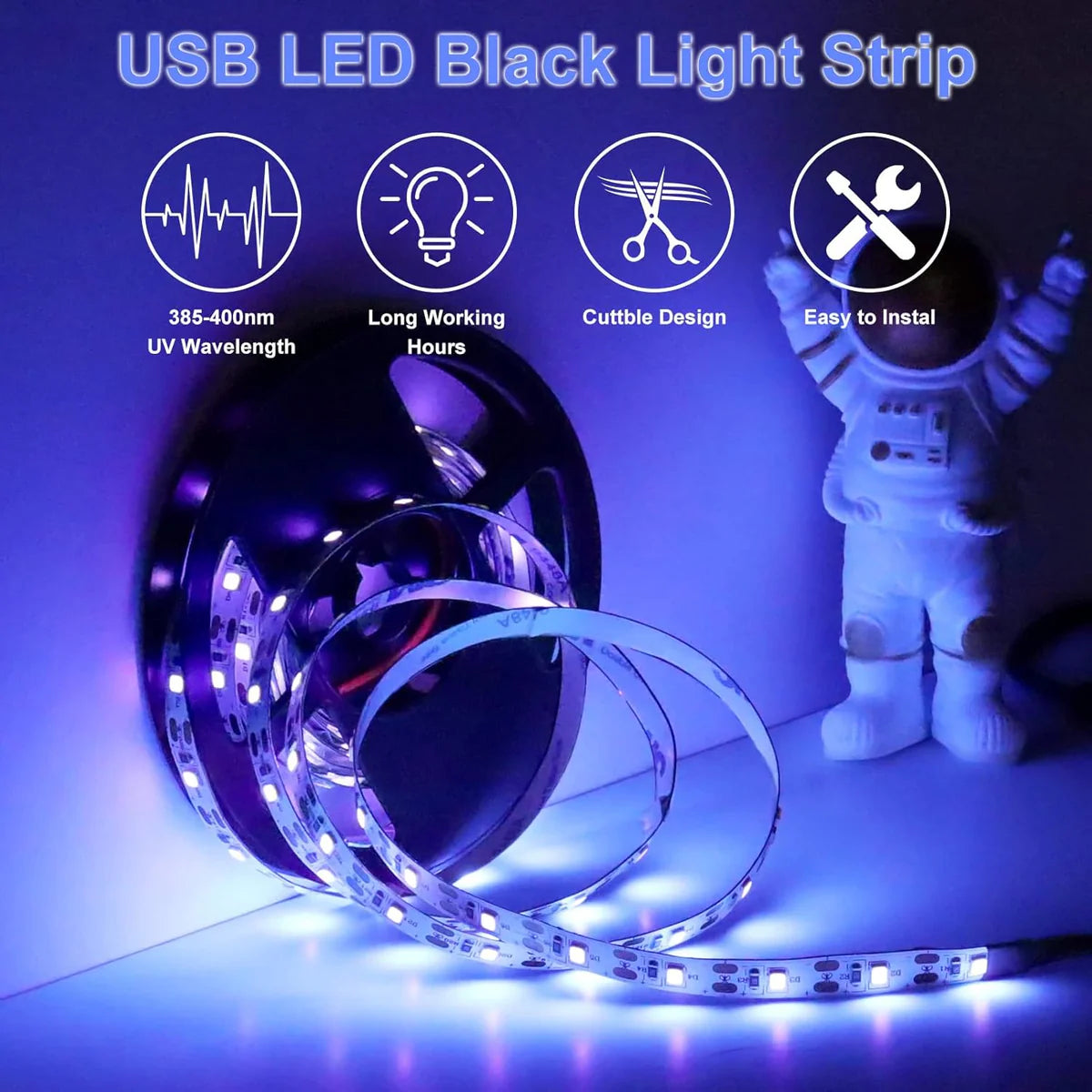 LightingWill 380–400nm SMD3528 UV LED Strip Light – 2.5M (8.2FT), USB Powered, Non-Waterproof (2 Pack)