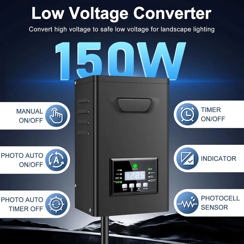 150W/170W Landscape Lighting Transformers – 120V to 12V/15V AC, Single Zone, Timer & Internal Photocell, Power Supply for Landscape Lighting Systems