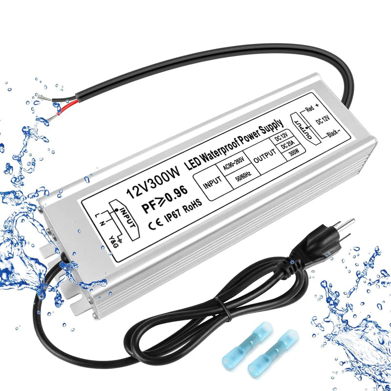 12V Waterproof LED Power Supply, 30W–300W Outdoor LED Driver, 90–265V AC Input, Single or Dual Wire Output, CE/RoHS/FCC Certified, US / UK / EU Plug & Wire Lead Options