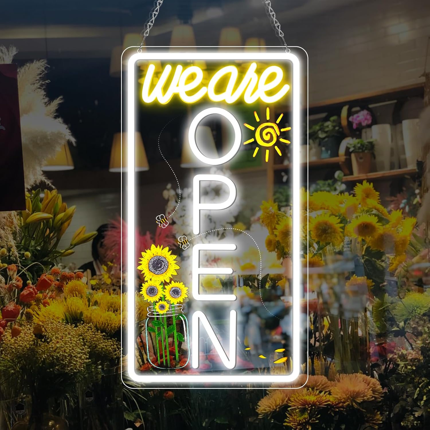 We Are Open Vertical Silicone LED shop signs – Warm White / Neutral White  | 16.5 × 9 inch |Window Hanging | Plug & Play for Cafes, Restaurants & Retail Shops