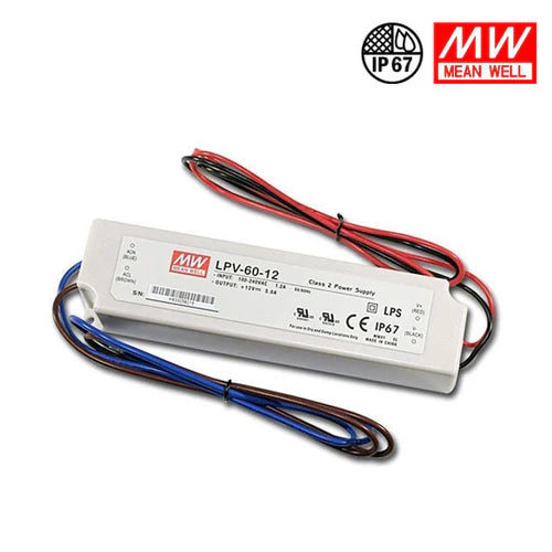 MEANWELL LPV Series 35W IP67 Waterproof Switching Power Supply, 12V/24V DC Output, AC90-264V Input, UL/CE Certified, Plastic Housing, Outdoor Power Supply
