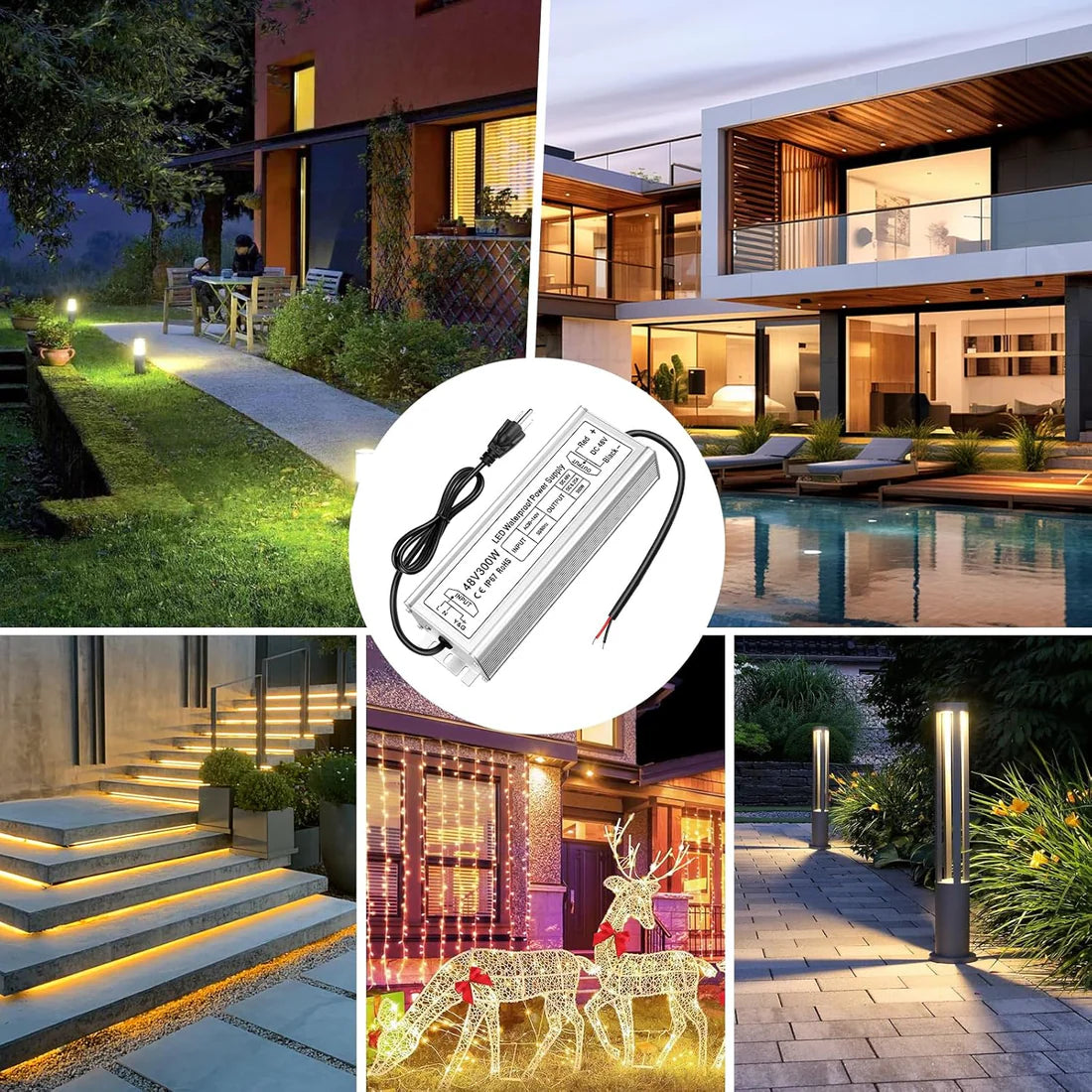 300W 36V/48V Waterproof LED Power Supply, 90-140V Input, Single Output, Aluminum Housing, Outdoor LED Lighting Driver, CE/RoHS/FCC Certified, US Plug