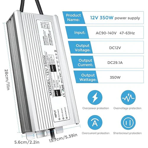 350W 12V/24V/36V/48V Waterproof LED Power Supply, 175-265V Input, Single/Dual Output, Aluminum Housing, Outdoor LED Lighting Driver, CE/RoHS/FCC Certified, UK/EU Plug