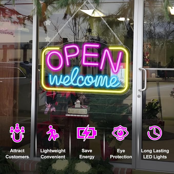 OPEN Welcome Silicone LED shop signs – Horizontal Style | 16 × 9 inch (41 × 24 cm) | Pink + Blue + Yellow Glow | USB Powered LED Window Light for Cafes, Restaurants &amp; Retail Shops