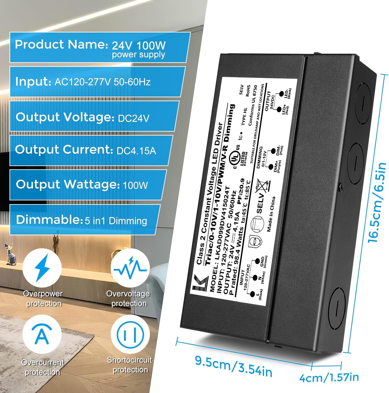 24V 100W Dimmable LED Driver, 5-in-1 Triac/ELV/MLV//0-10V/1-10V/PWM/V-R Dimming AC to DC Power Supply, IP67 Waterproof LED Transformer, UL Listed, Compatible with Lutron & Leviton Dimmer