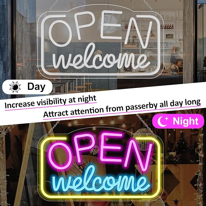 OPEN Welcome Silicone LED shop signs – Horizontal Style | 16 × 9 inch (41 × 24 cm) | Pink + Blue + Yellow Glow | USB Powered LED Window Light for Cafes, Restaurants &amp; Retail Shops