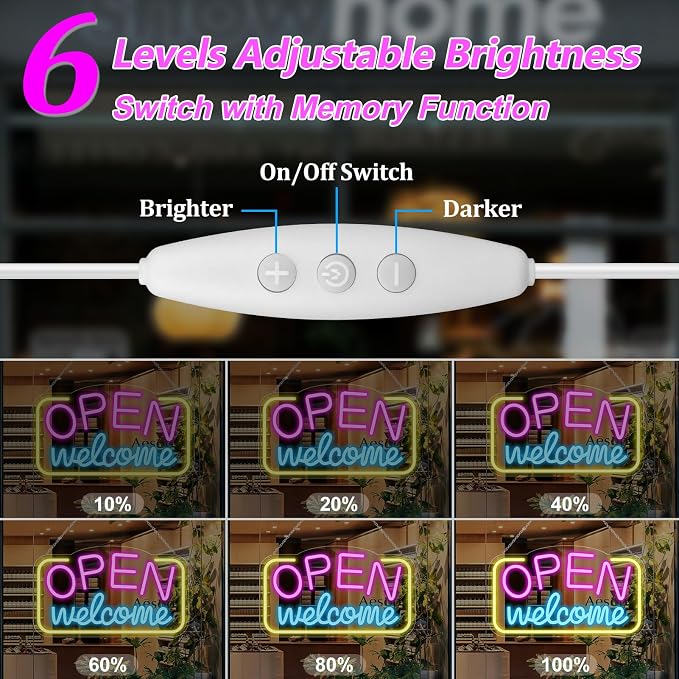 OPEN Welcome Silicone LED shop signs – Horizontal Style | 16 × 9 inch (41 × 24 cm) | Pink + Blue + Yellow Glow | USB Powered LED Window Light for Cafes, Restaurants &amp; Retail Shops