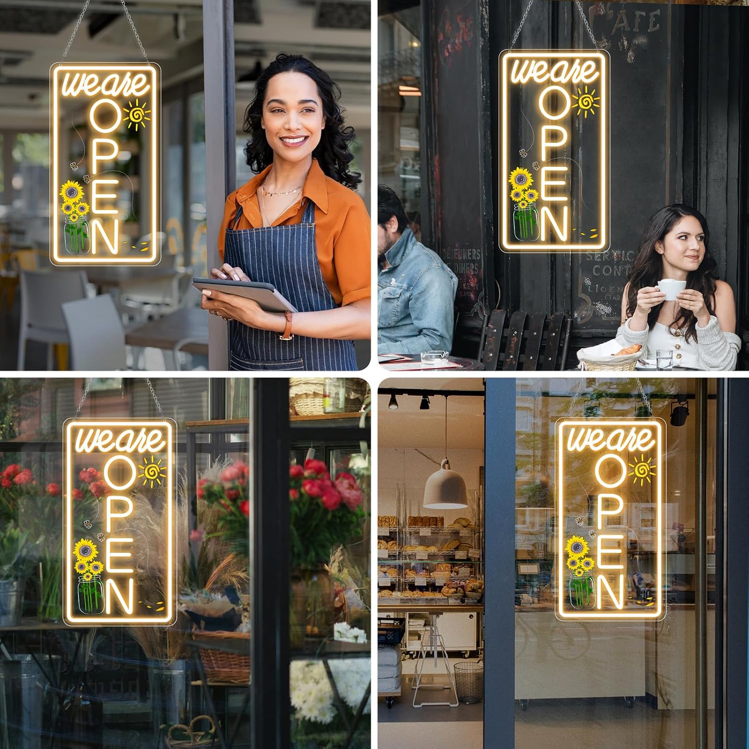 We Are Open Vertical Silicone LED shop signs – Warm White / Neutral White  | 16.5 × 9 inch |Window Hanging | Plug & Play for Cafes, Restaurants & Retail Shops