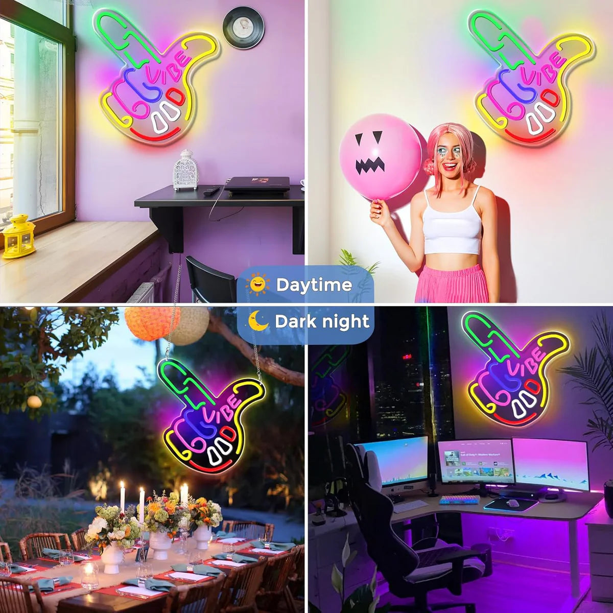 Good Vibes LED Sign – Cool Hand Sign | USB Neon Light for Wall Decor | 17×13 inch | Hanging | Ideal for Bedroom, Dorm, Lounge, Party