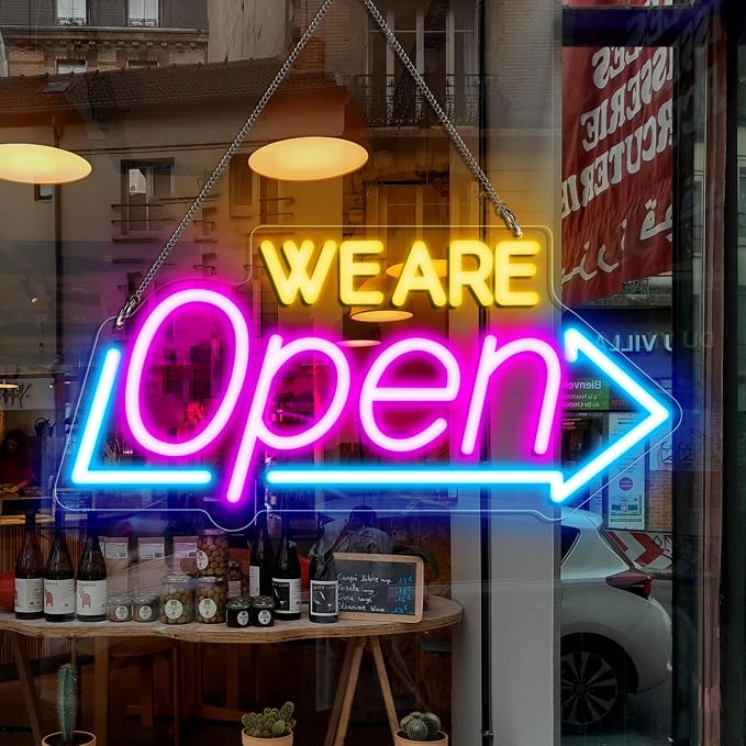 WE ARE OPEN Silicone LED shop signs – USB Powered | 16.1 × 7.8 inch | Arrow Shape | 2 Glow Color Options | LED Window Sign for Cafes, Restaurants &amp; Retail Shops