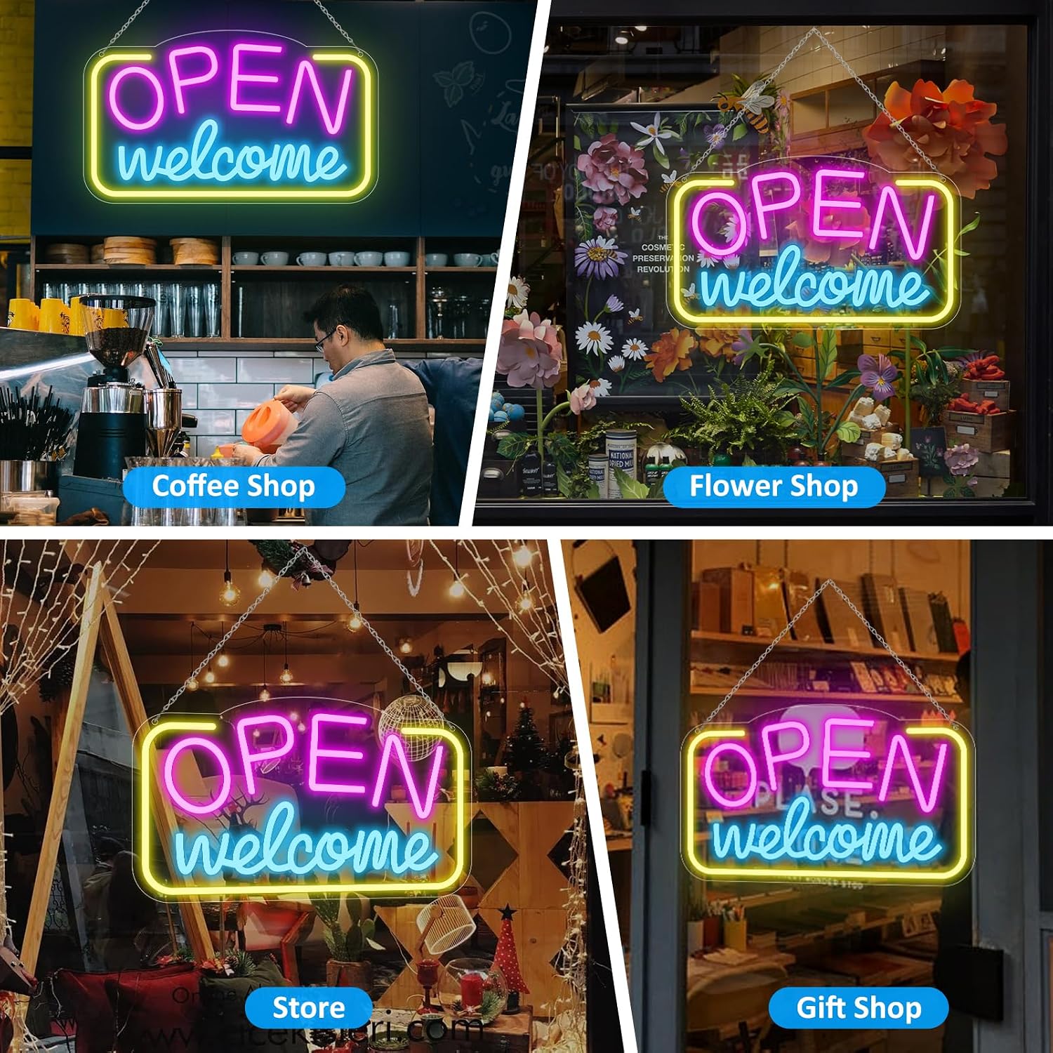 OPEN Welcome Silicone LED shop signs – Horizontal Style | 16 × 9 inch (41 × 24 cm) | Pink + Blue + Yellow Glow | USB Powered LED Window Light for Cafes, Restaurants &amp; Retail Shops