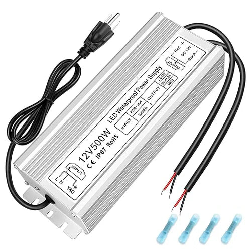 500W 12V/24V Waterproof LED Power Supply, 90-140V Input, Dual Output, Aluminum Housing, Outdoor LED Lighting Driver, CE/RoHS/FCC Certified, US Plug