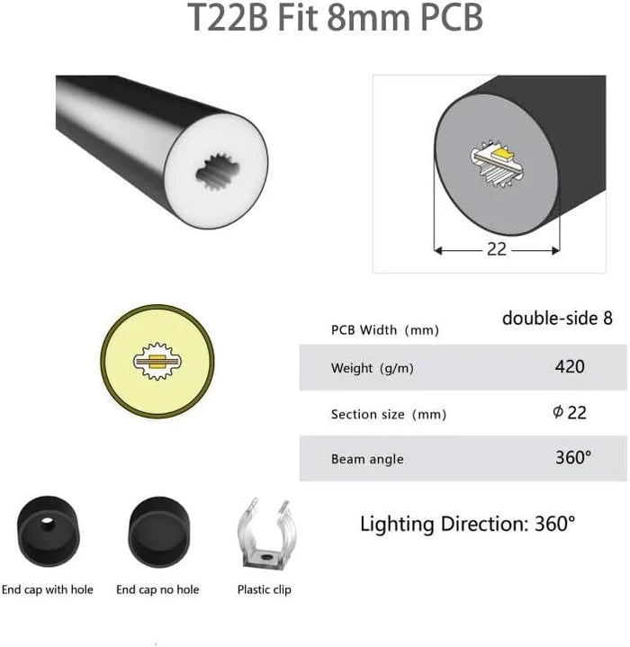 S-360E Series ⏀22mm 360 Emitting LED Neon Housing | 8mm PCB Width | S22D Black Architectural Neon Housing | IP67 Waterproof | 16.4FT/5M | Standard Install | Club Decorative Lighting