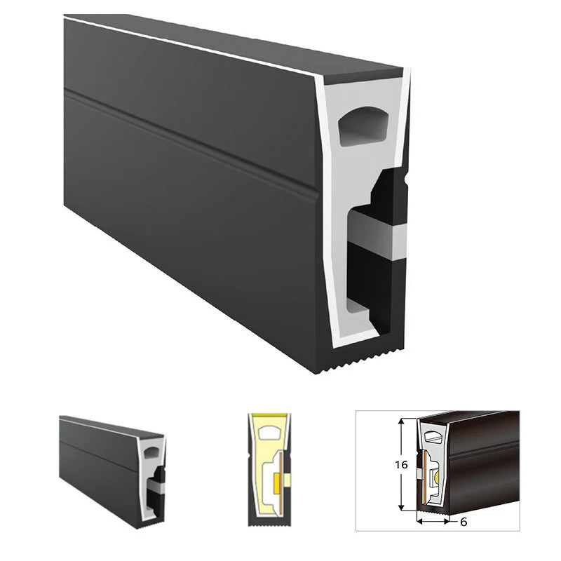 S0616 Black Side Edge Lighting Neon Light Housing – 6x16mm | Silicone LED Channel System | 8mm PCB Width | IP67 Waterproof | 16.4FT/5M*1/16.4FT/5M*5