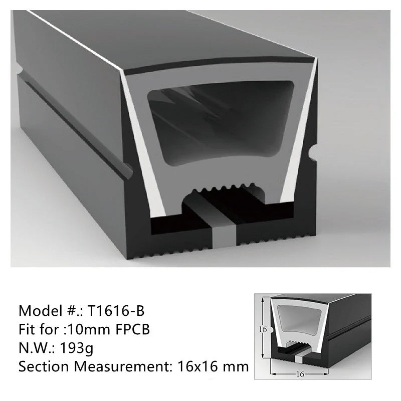 S1616 Black Neon Light Housing – 16x16mm | Silicone LED Channel System | 10mm PCB Width | IP67 Waterproof | 16.4FT/5M*1/16.4FT/5M*5