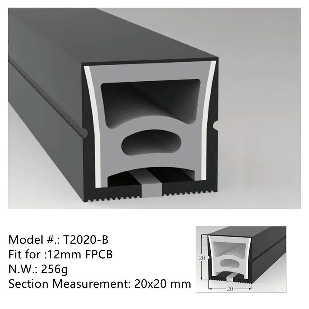 S2020 Black Neon Light Housing – 20x20mm | Silicone LED Channel System | 12mm PCB Width | IP67 Waterproof | 16.4FT/5M*1/16.4FT/5M*5