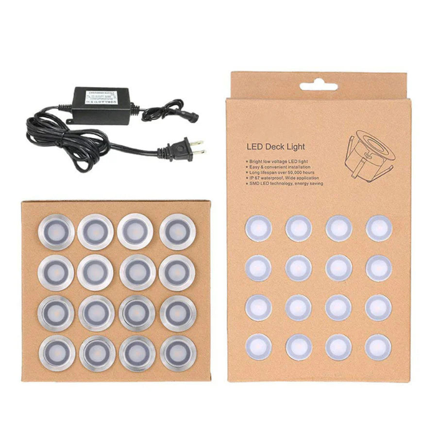 16-Pack Recessed LED Deck Lights – Warm White / Natural White | 0.6W Each | AC100–265V Input with Power Adapter | US / EU / UK / AU Plug Options | IP67 Waterproof Inground Step Lights Kit for Deck, Garden, Yard, Stairs & Pathway Lighting