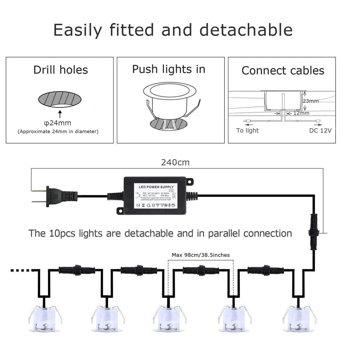 10-Pack Recessed LED Deck Lights – Warm White / Natural White | 0.6W Each | AC100–265V Input with Power Adapter | US / EU / UK / AU Plug Options | IP67 Waterproof Inground Step Lights Kit for Deck, Garden, Yard, Stairs & Pathway Lighting
