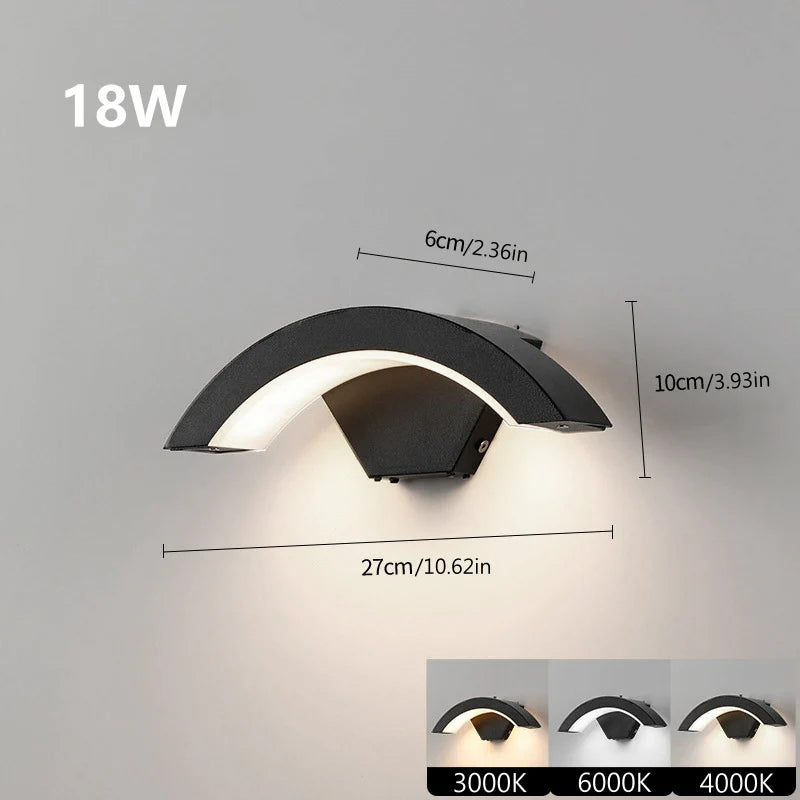 LightingWill LED Wall Light 18W Outdoor Waterproof Wall Sconce 3000K 4000K 6000K Black Arc Wave Up Down Wall Light IP65 Aluminum Porch Garden Balcony Indoor 2 Pack