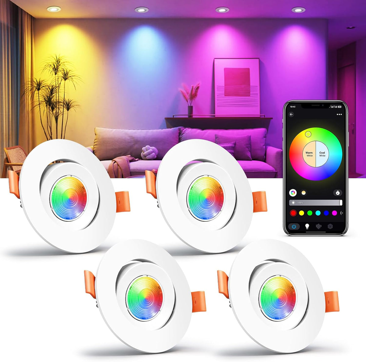 3Inch 5W Smart LED Recessed Downlight, Ultra-Thin 60° Adjustable, WiFi Control, Dimmable RGB & CCT 2700-6500K, 85–240V, White Housing, Compatible with Alexa and Google Home, 4-Pack, Artwork Display Accent Lighting