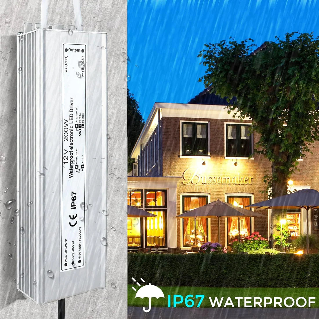 200W 12V/24V/36V/48V Waterproof LED Power Supply, 175-265V Input, Single/Dual Output, Aluminum Housing, Outdoor LED Lighting Driver, CE/RoHS/FCC Certified, UK/EU Plug