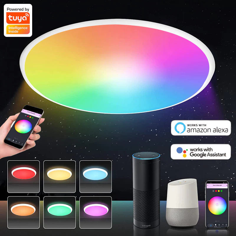 12 Inch 24W White / Black Smart RGBCW Round Slim LED Ceiling Lights – AC 110–130V | RGB Color Changing, 2700K–6500K Adjustable with Dimmable Brightness | Compatible with Alexa/Google Home/APP Control WiFi Light for Bedroom/Kids Room/Party – 2-Pack