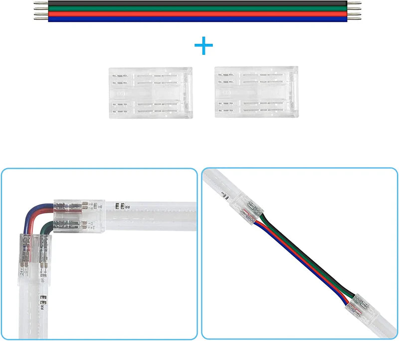 LightingWill LED Strip Connector 10mm 4Pin Transparent Solderless Clips, LED Light Strip Connector Strip to Wire Strip to Strip Female Plug Connector for RGB Strip, Local Stock US UK